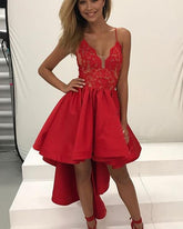 Deep V Neck Spaghetti High Low Cheap Homecoming Dress, Party Dress